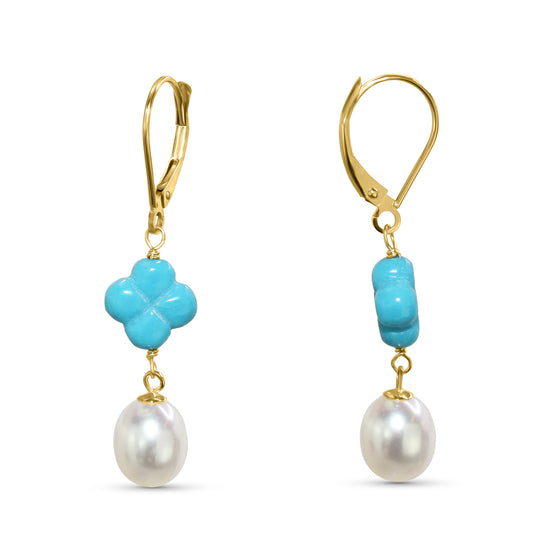 14k White Freshwater Pearl, Turquoise Flower Leverback Earring