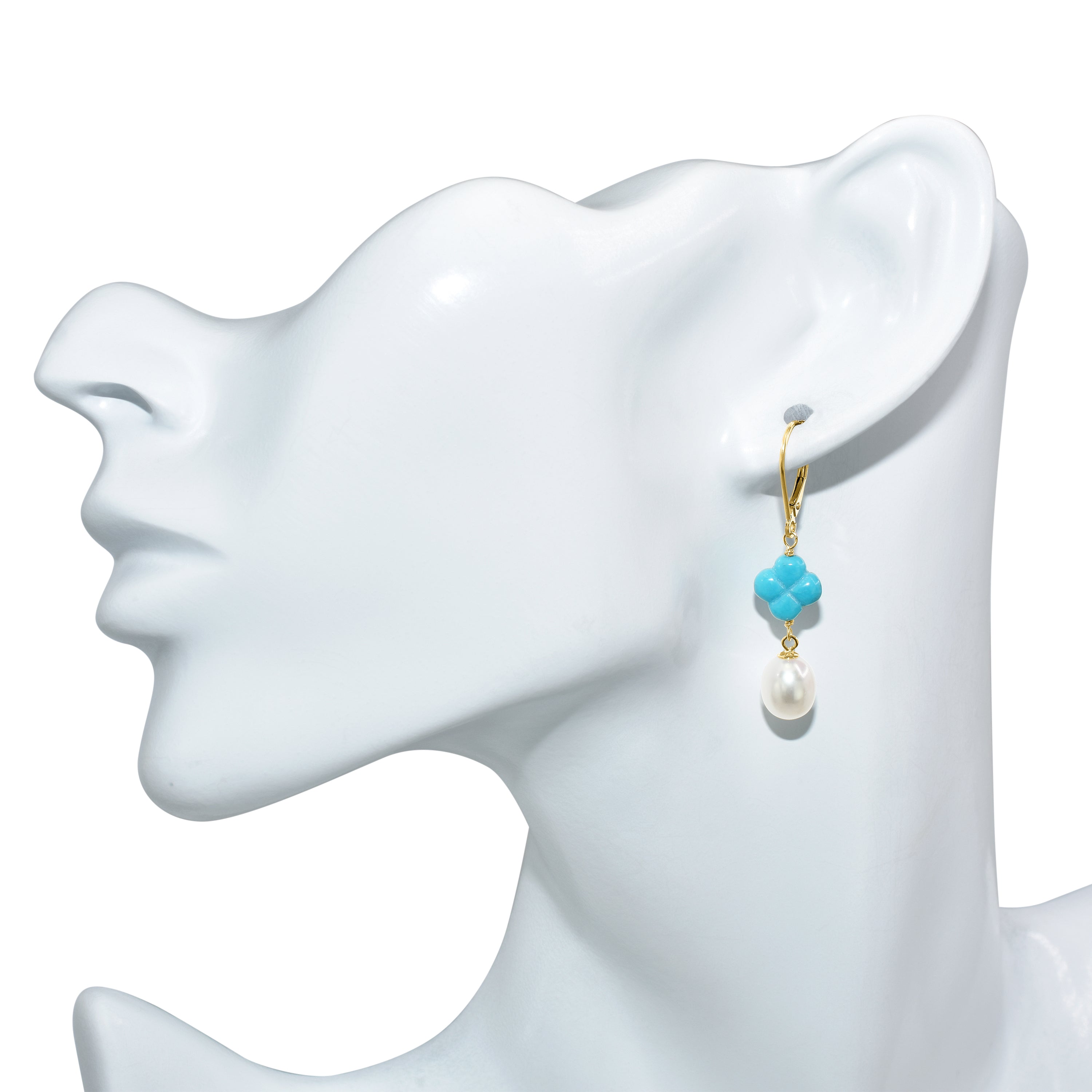 14k White Freshwater Pearl, Turquoise Flower Leverback Earring