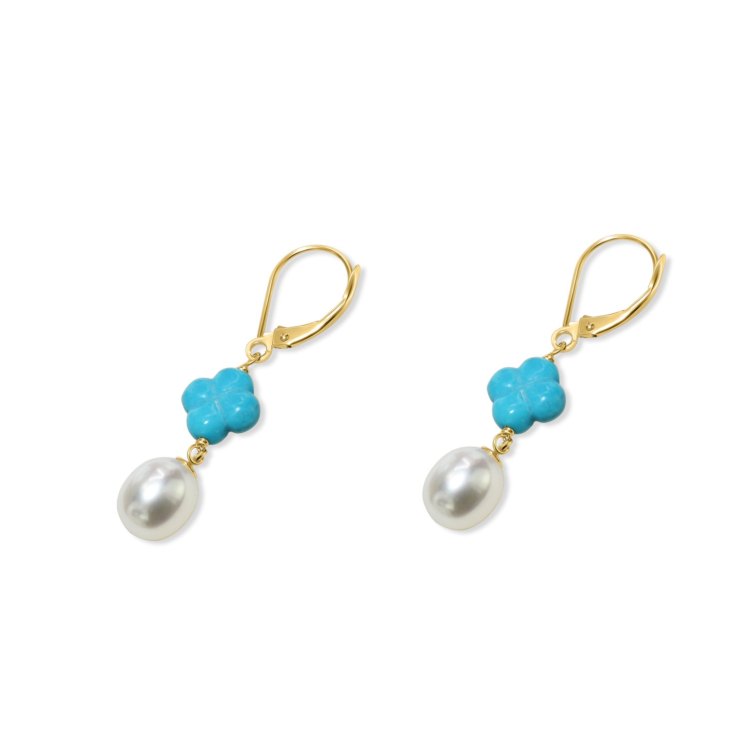 14k White Freshwater Pearl, Turquoise Flower Leverback Earring