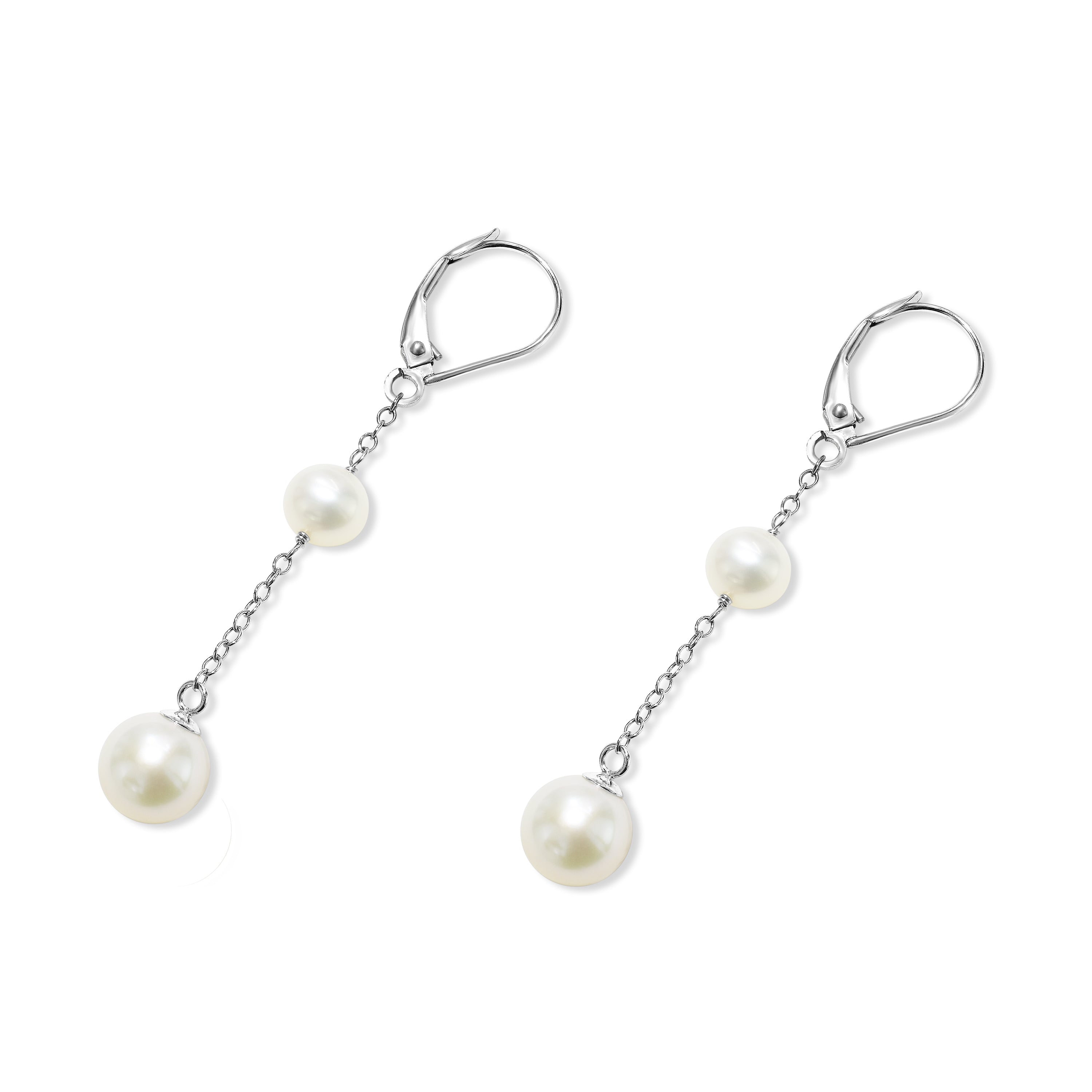 14k White Gold White Pearl Gold Chain Leverback Earring