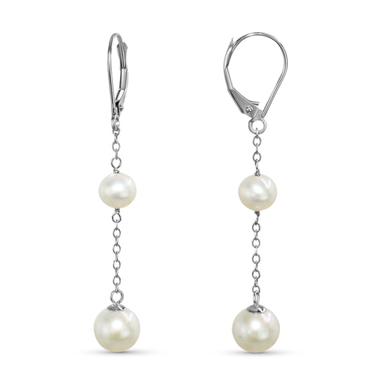 14k White Gold White Pearl Gold Chain Leverback Earring