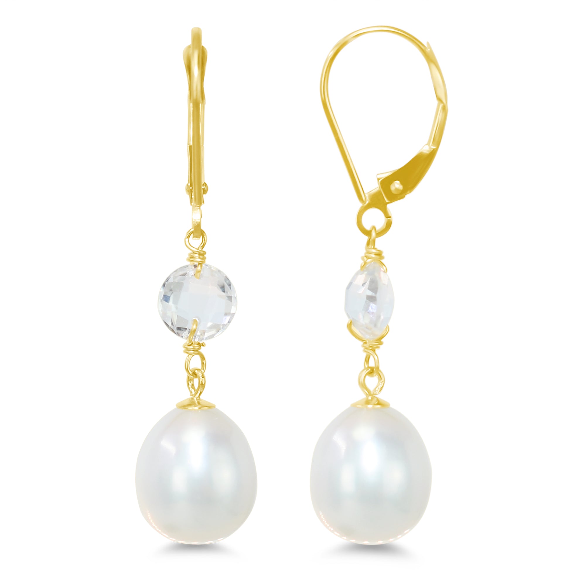 14k Gemstone & White Freshwater Pearl Leverback Earring White Topaz