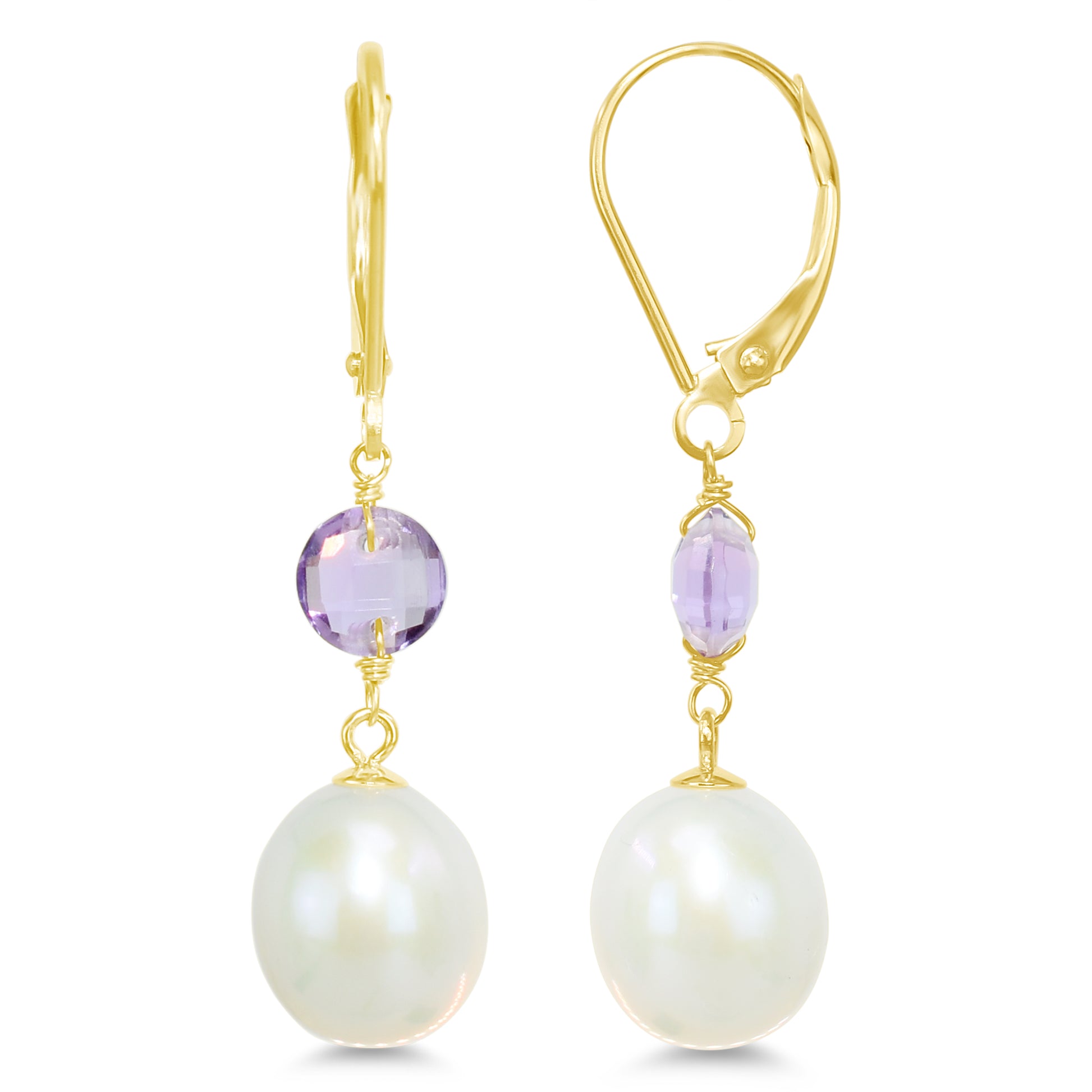 14k Gemstone & White Freshwater Pearl Leverback Earring Amethyst