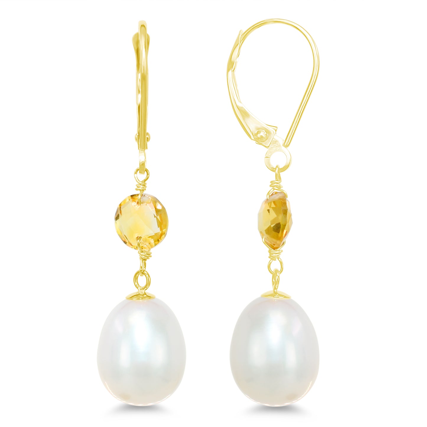 14k Gemstone & White Freshwater Pearl Leverback Earring Citrine