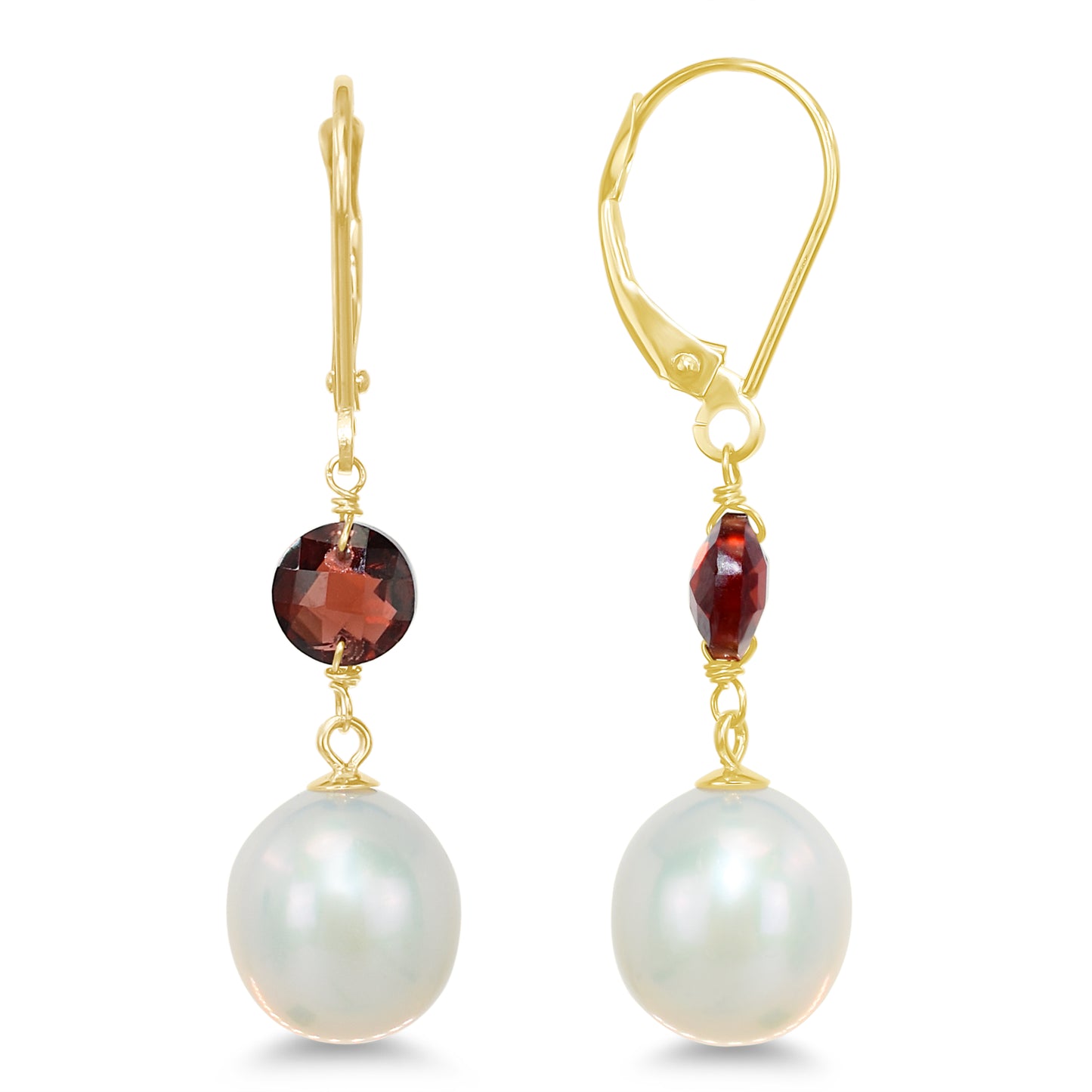 14k Gemstone & White Freshwater Pearl Leverback Earring Garnet