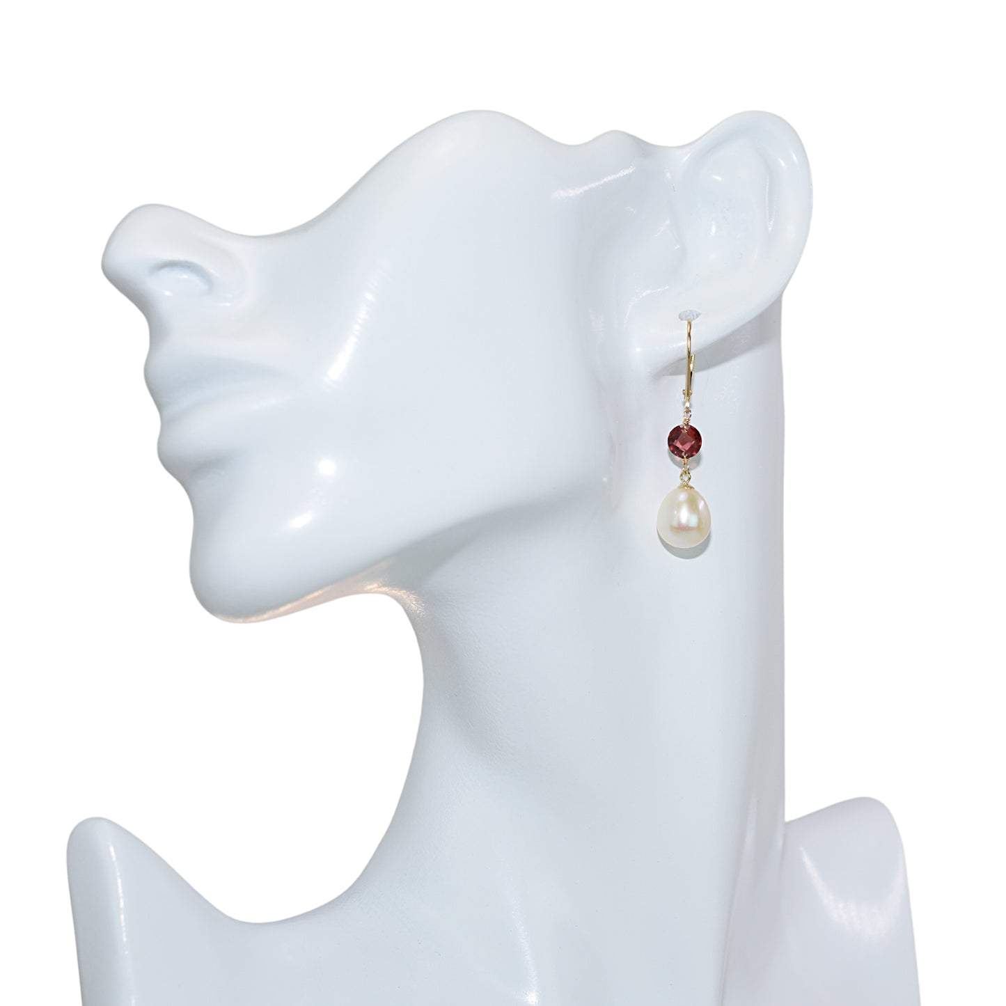 14k Gemstone & White Freshwater Pearl Leverback Earring Garnet