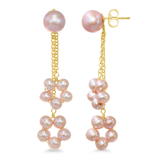 14k White/Pink Freshwater Pearl Double Circle Dangle Post Earring Pink