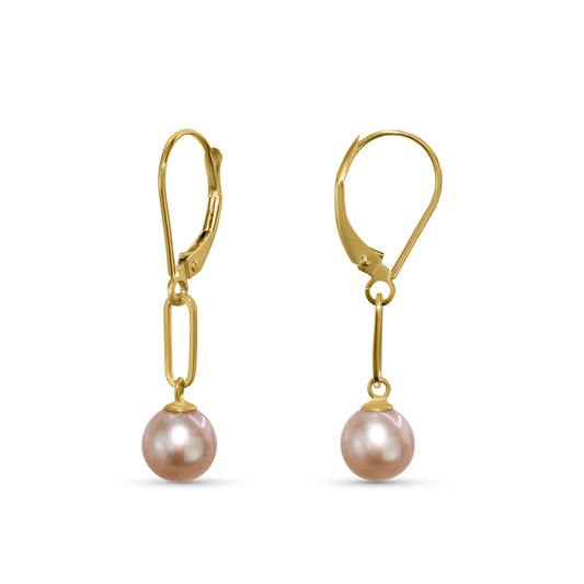 14k Natural Pink Freshwater Pearl Paperclip Leverback Earring