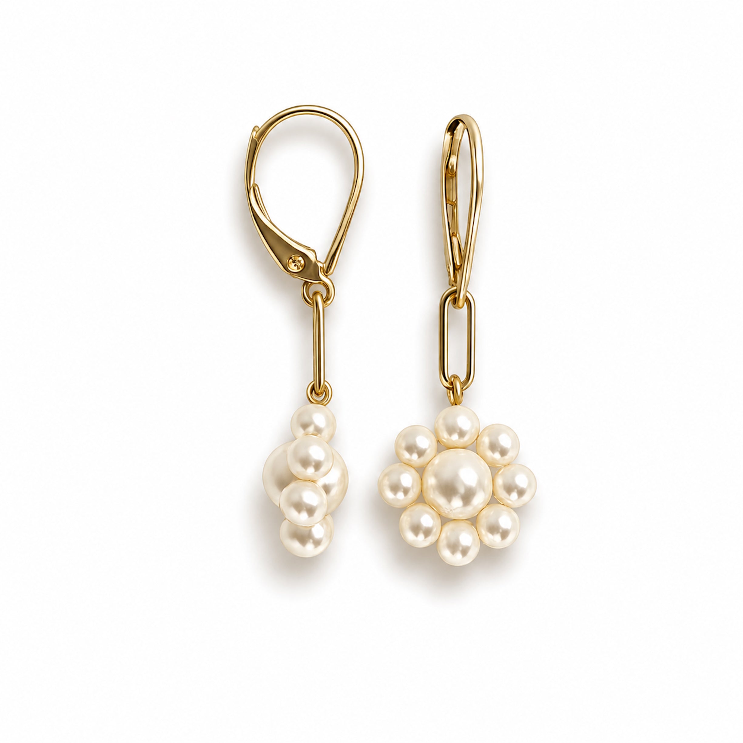 14k White Pearl Flower Paperclip Leverback Earring