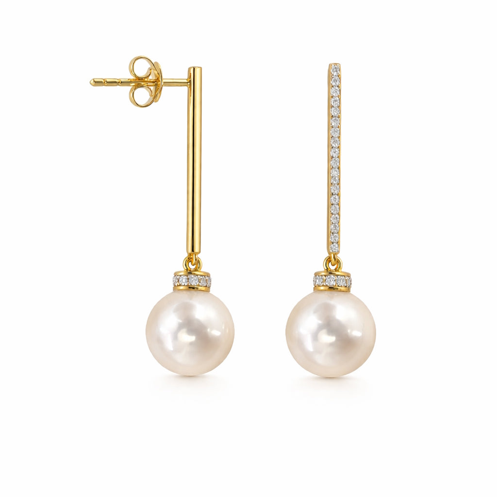 14k White Pearl and Diamond Long Bar Post Earring