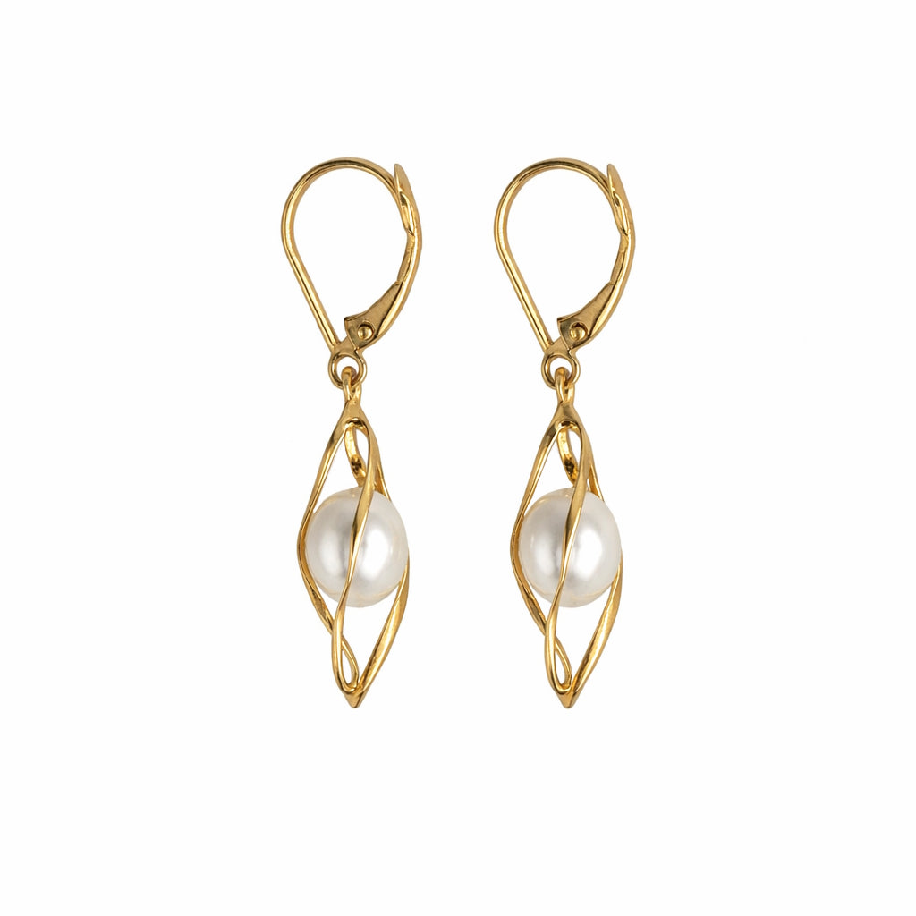 14k White Pearl Cage Dangle Leverback Earring