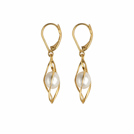 14k White Pearl Cage Dangle Leverback Earring