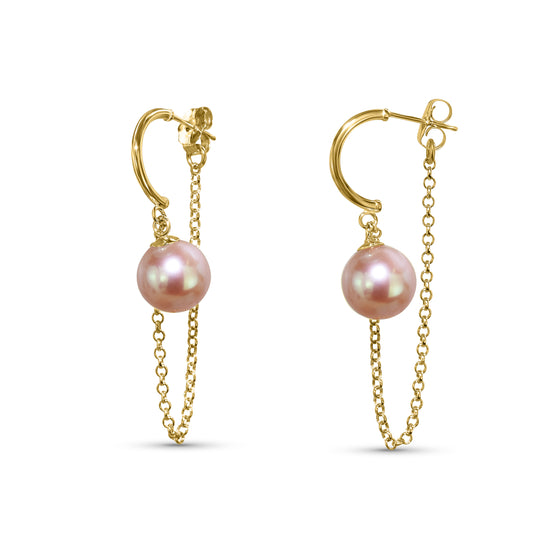 14k Natural Pink Pearl Gold Chain Front Back Post Earring