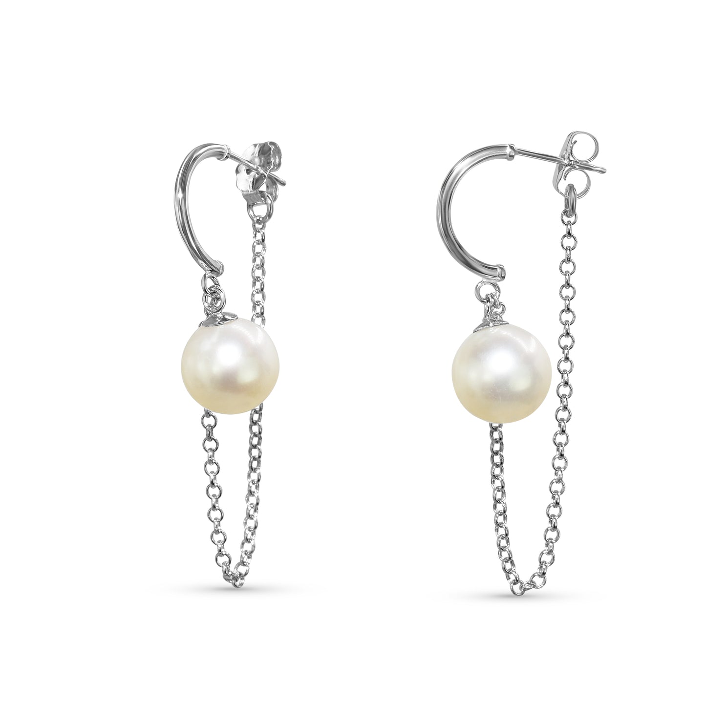 14k White Gold White Pearl Gold Chain Front Back Post Earring