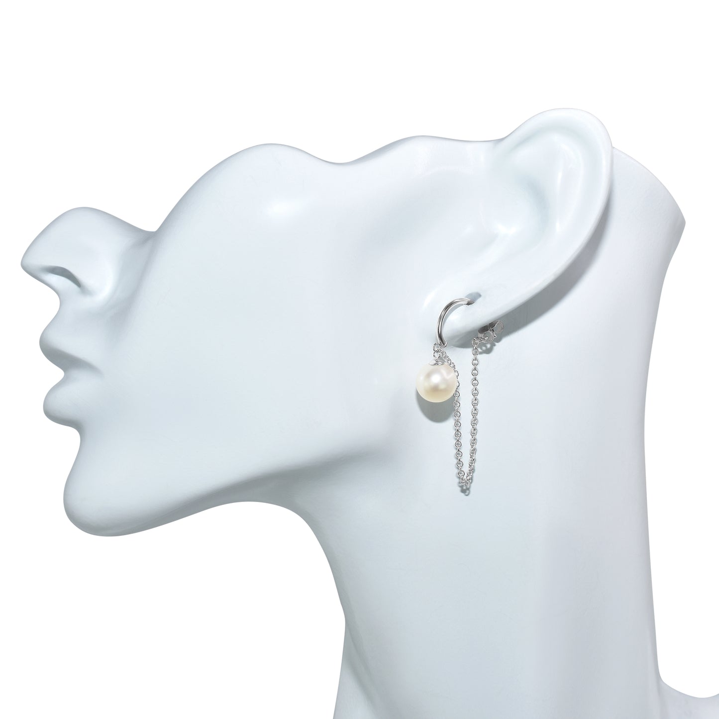 14k White Gold White Pearl Gold Chain Front Back Post Earring