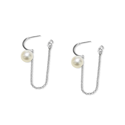 14k White Gold White Pearl Gold Chain Front Back Post Earring