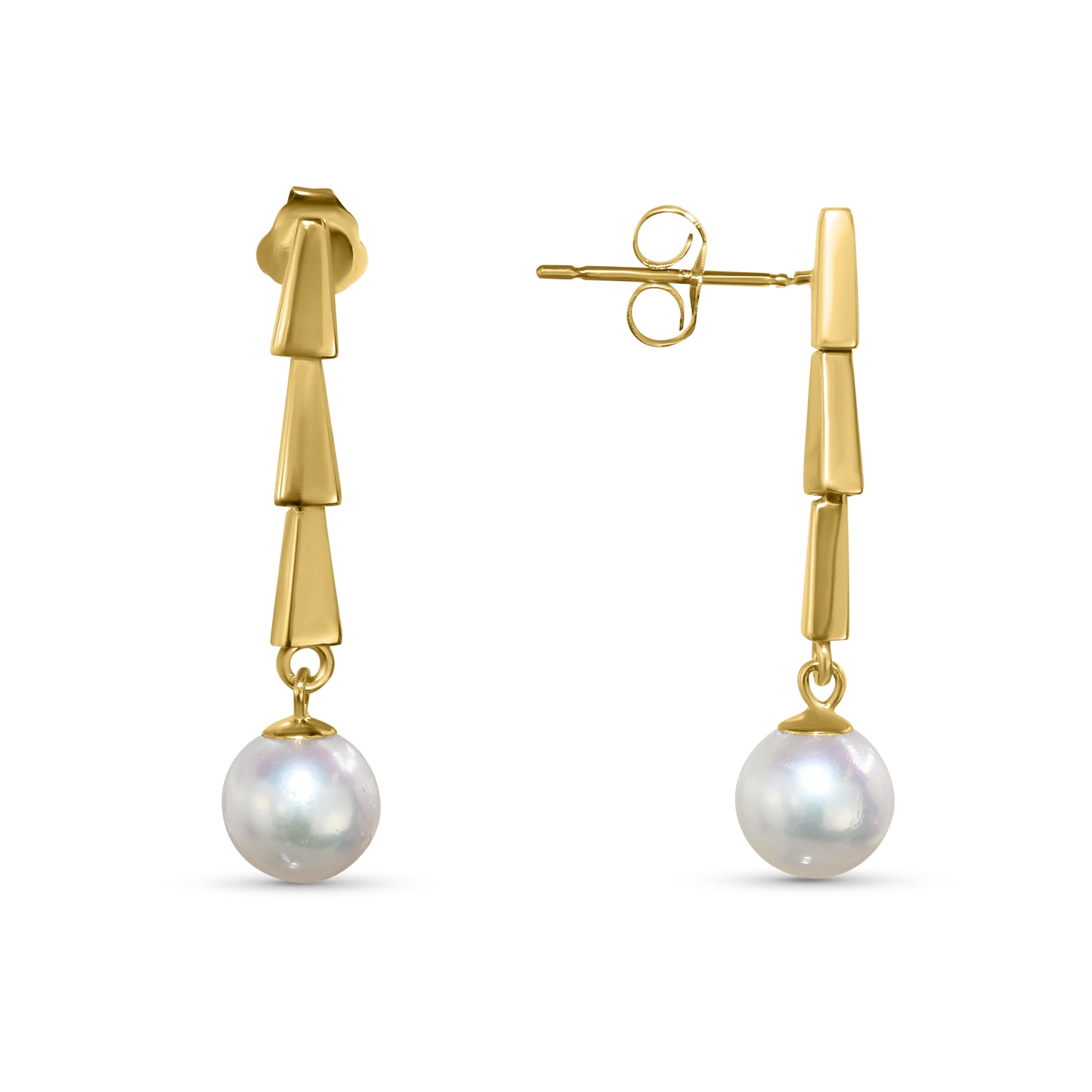 14k White Pearl Drop Triple Triangle Bar Post Earring