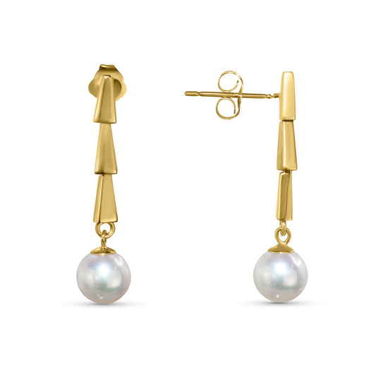 14k White Pearl Drop Triple Triangle Bar Post Earring