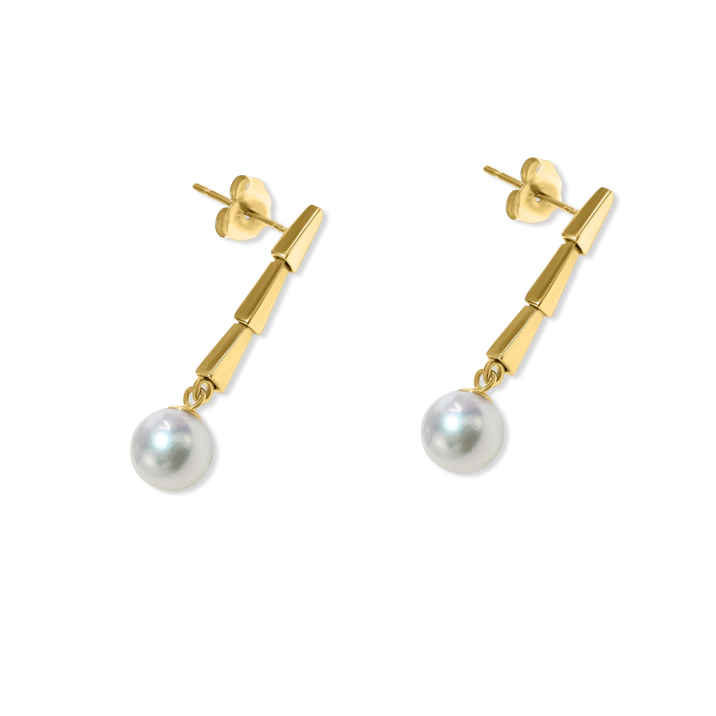 14k White Pearl Drop Triple Triangle Bar Post Earring