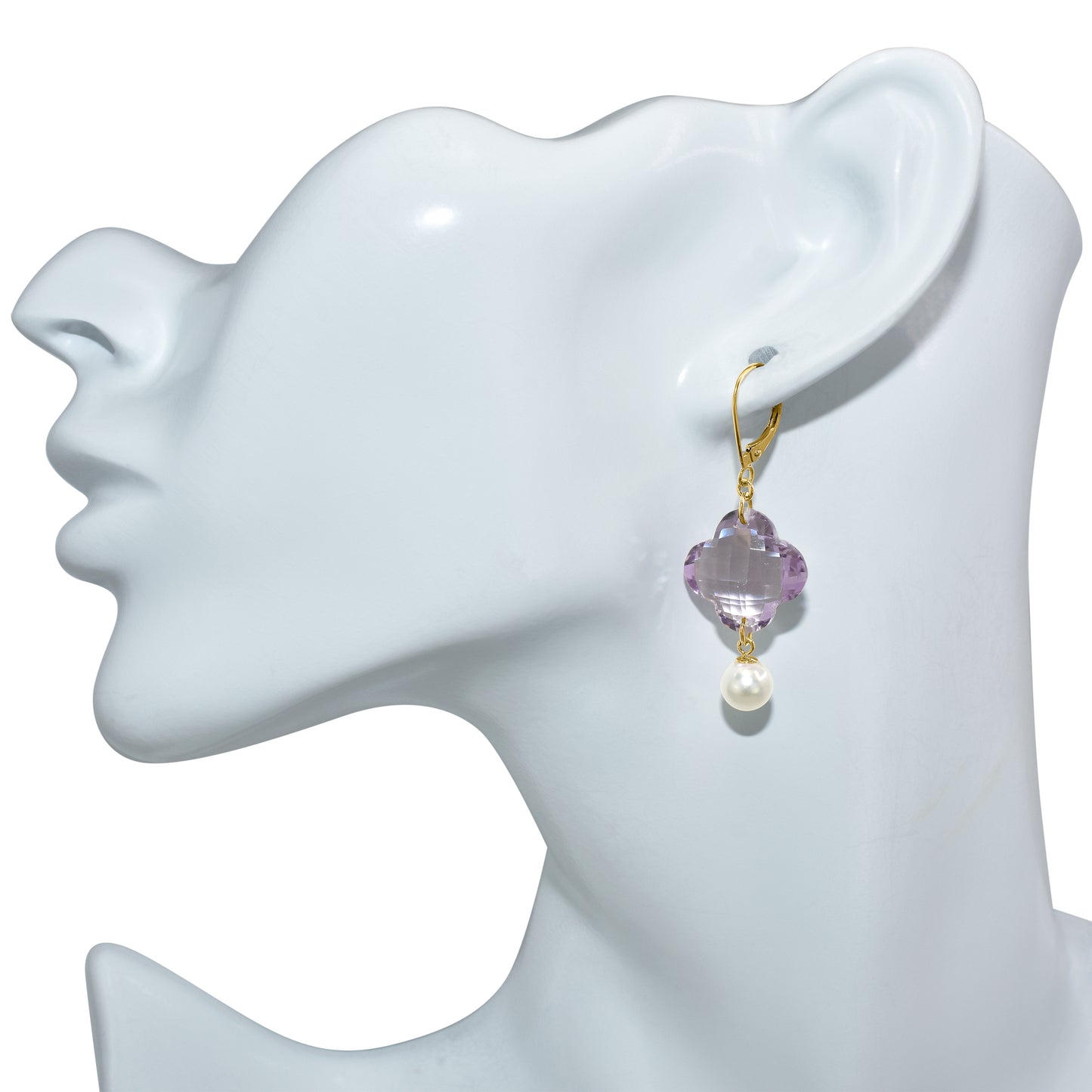 14k Amethyst Clover Pearl Leverback Earring