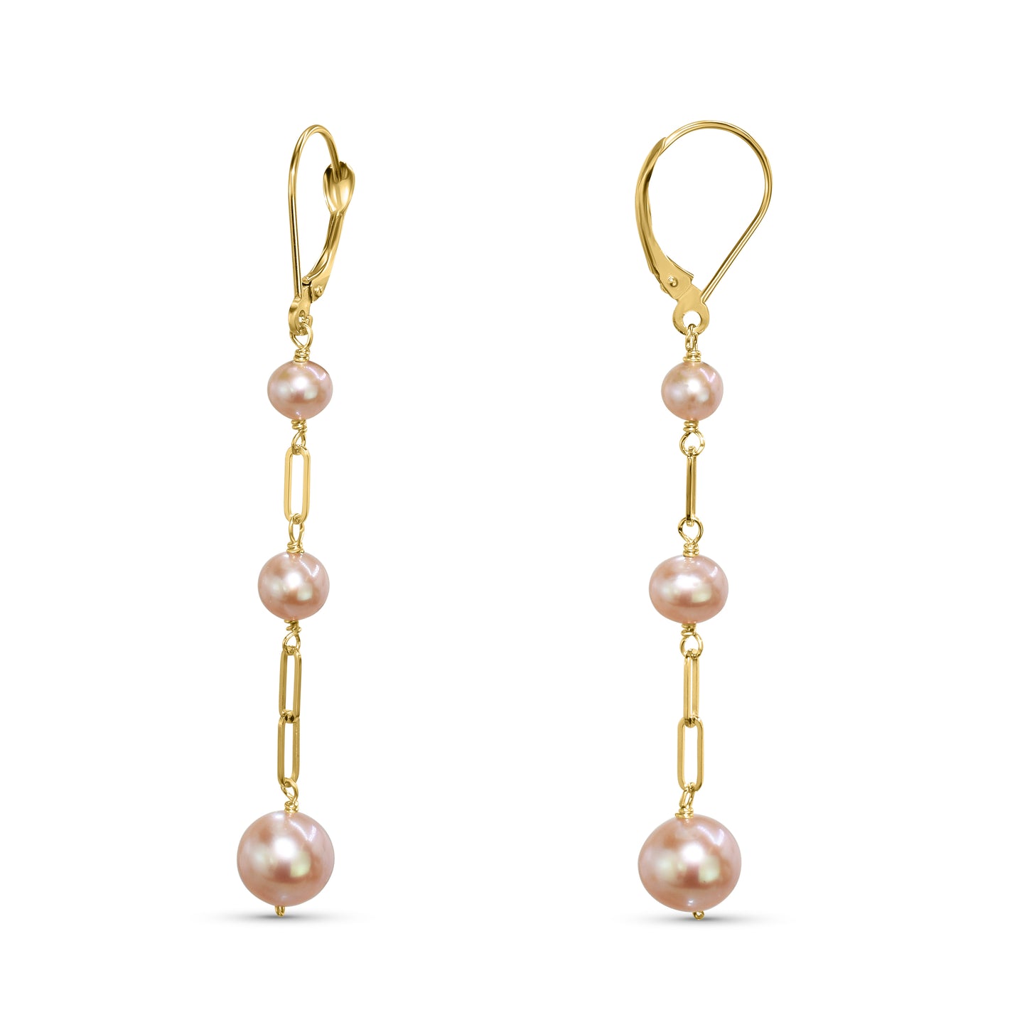 14k Natural Pink Pearl Paperclip Link Leverback Earring