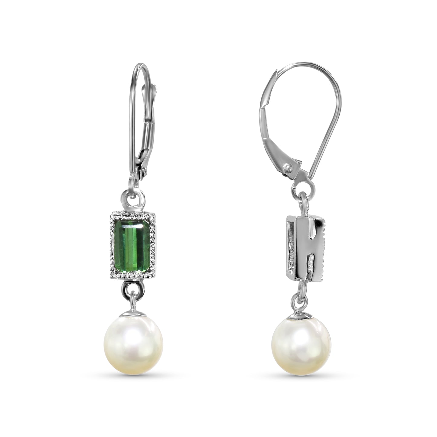 14k White Pearl Green Tourmaline Leverback Earring