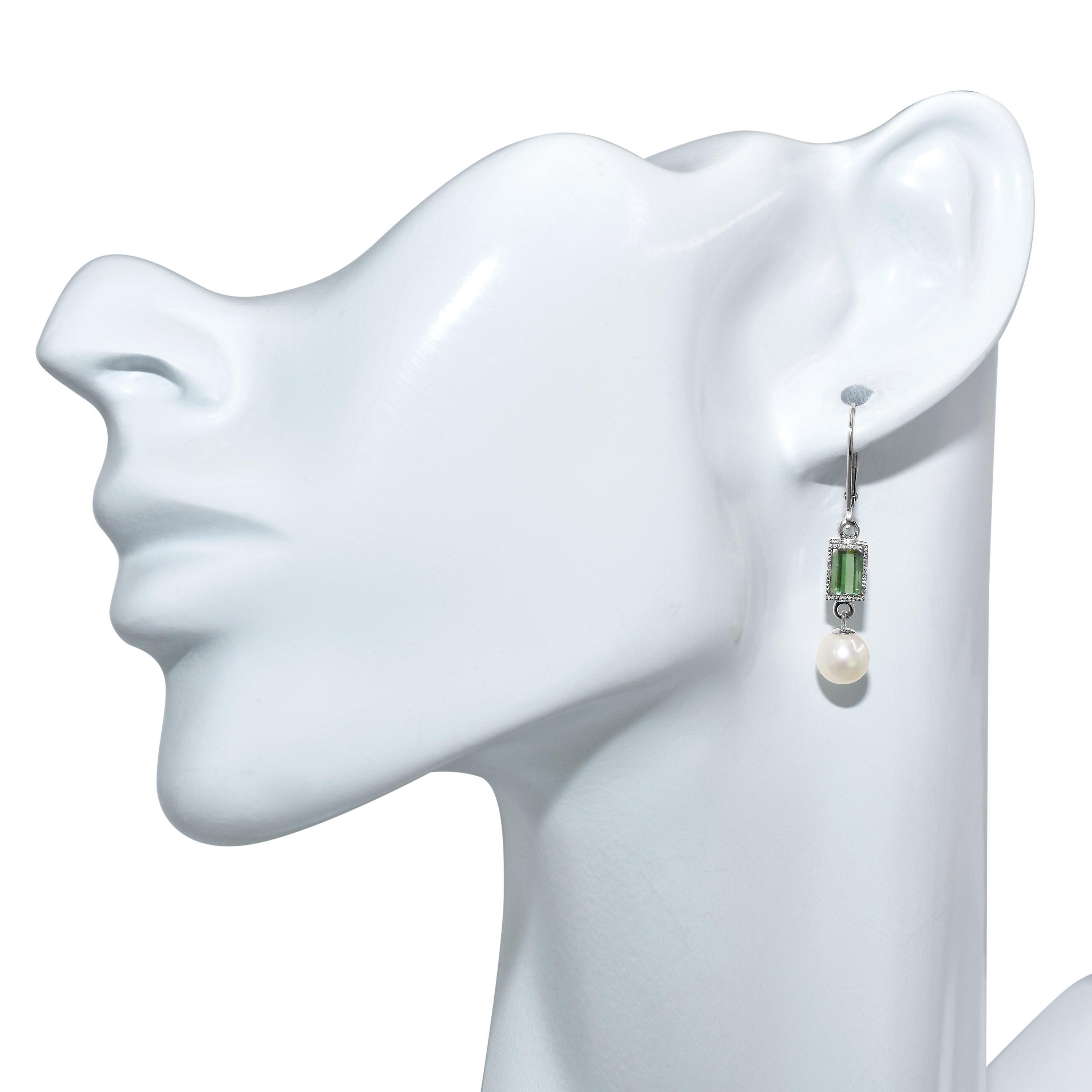 14k White Pearl Green Tourmaline Leverback Earring
