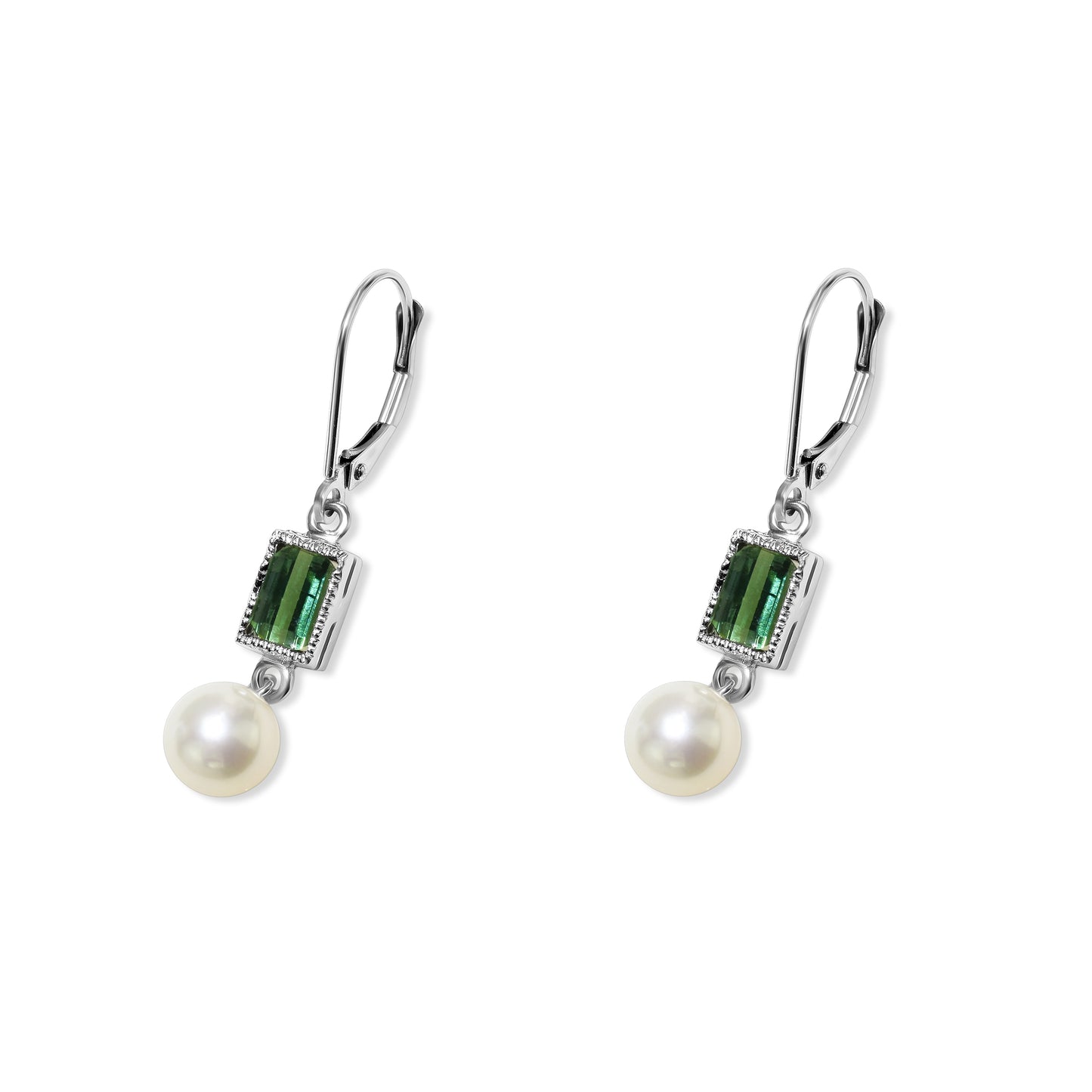 14k White Pearl Green Tourmaline Leverback Earring