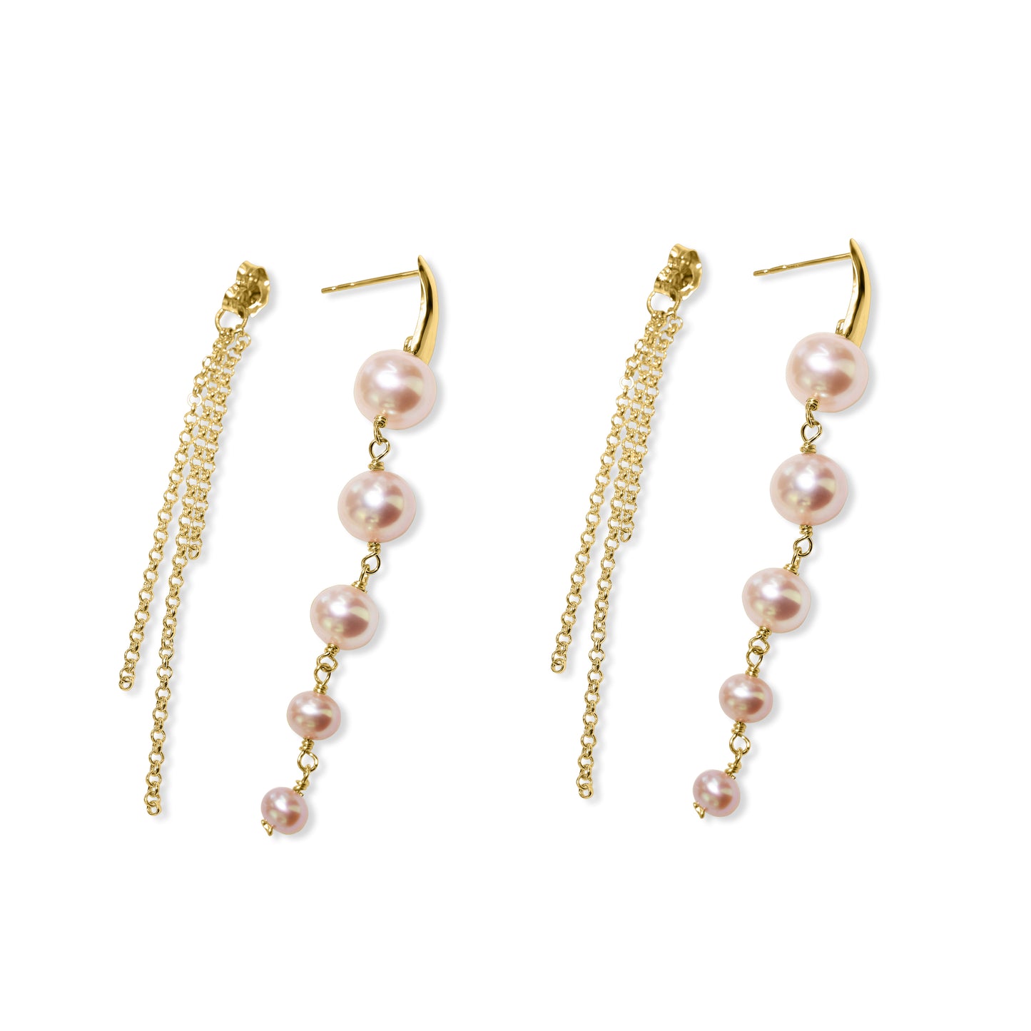 14k Natural Pink Pearl 3 Row Gold Chain Front Back Earring