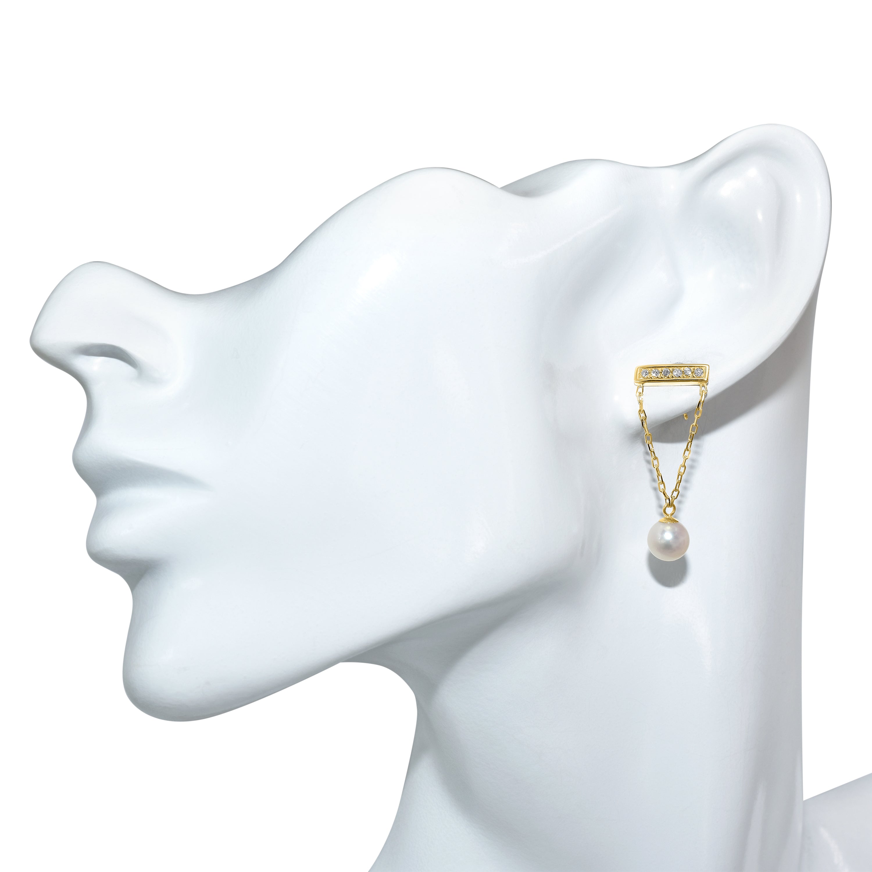 14k White Pearl Gold Chain V Shape Diamond Bar Post Earring