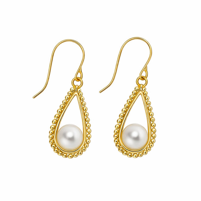 14k White Pearl Open Pear Dot Outline Hook Earrings