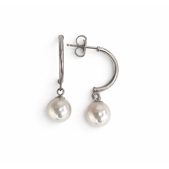 14k White Gold White Pearl Half Hoop Post Earring