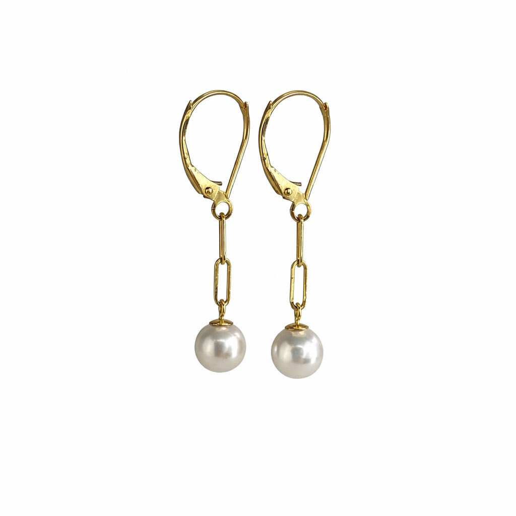 14k White Pearl Paperclip Leverback Earring