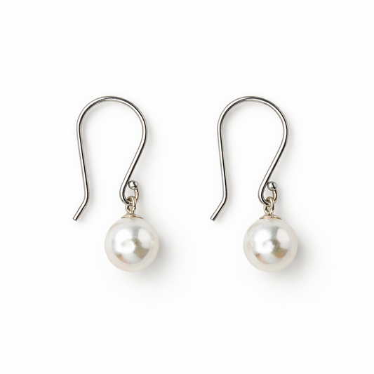 14k White Gold White Pearl Dangle Hook Earring