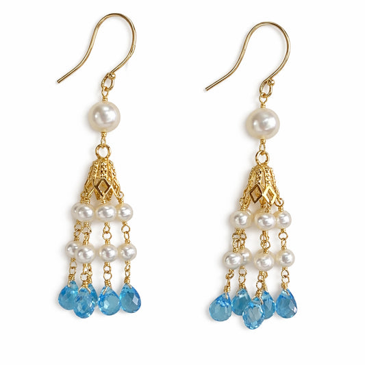 14k White Pearl & Blue Topaz Tassel Hook Earring