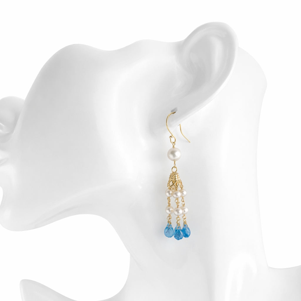 14k White Pearl & Blue Topaz Tassel Hook Earring