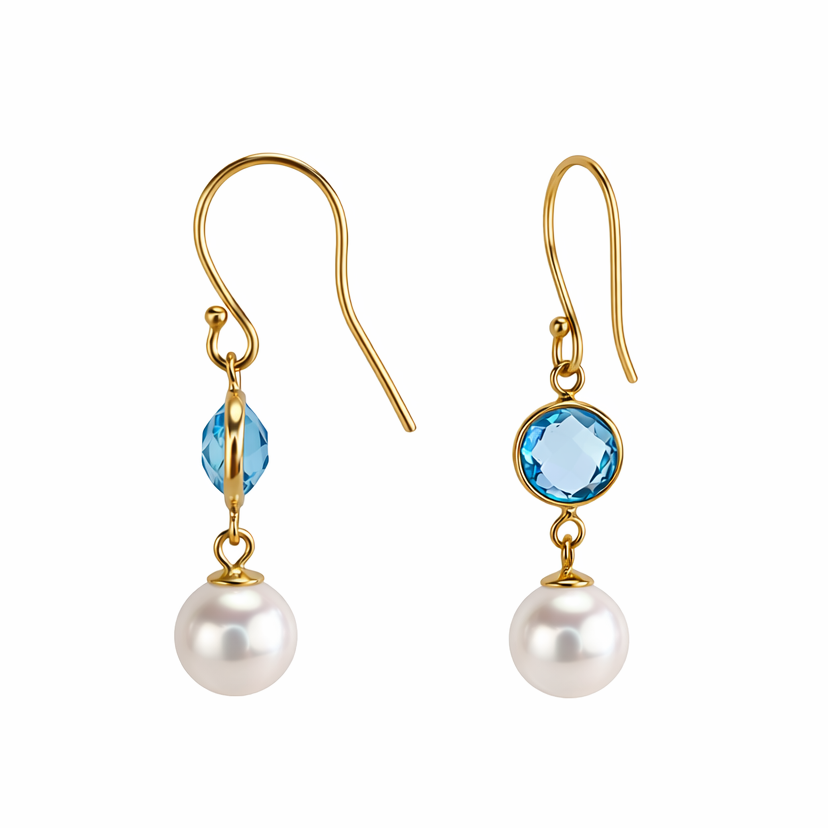14k White Pearl & Blue Topaz Hook Earring
