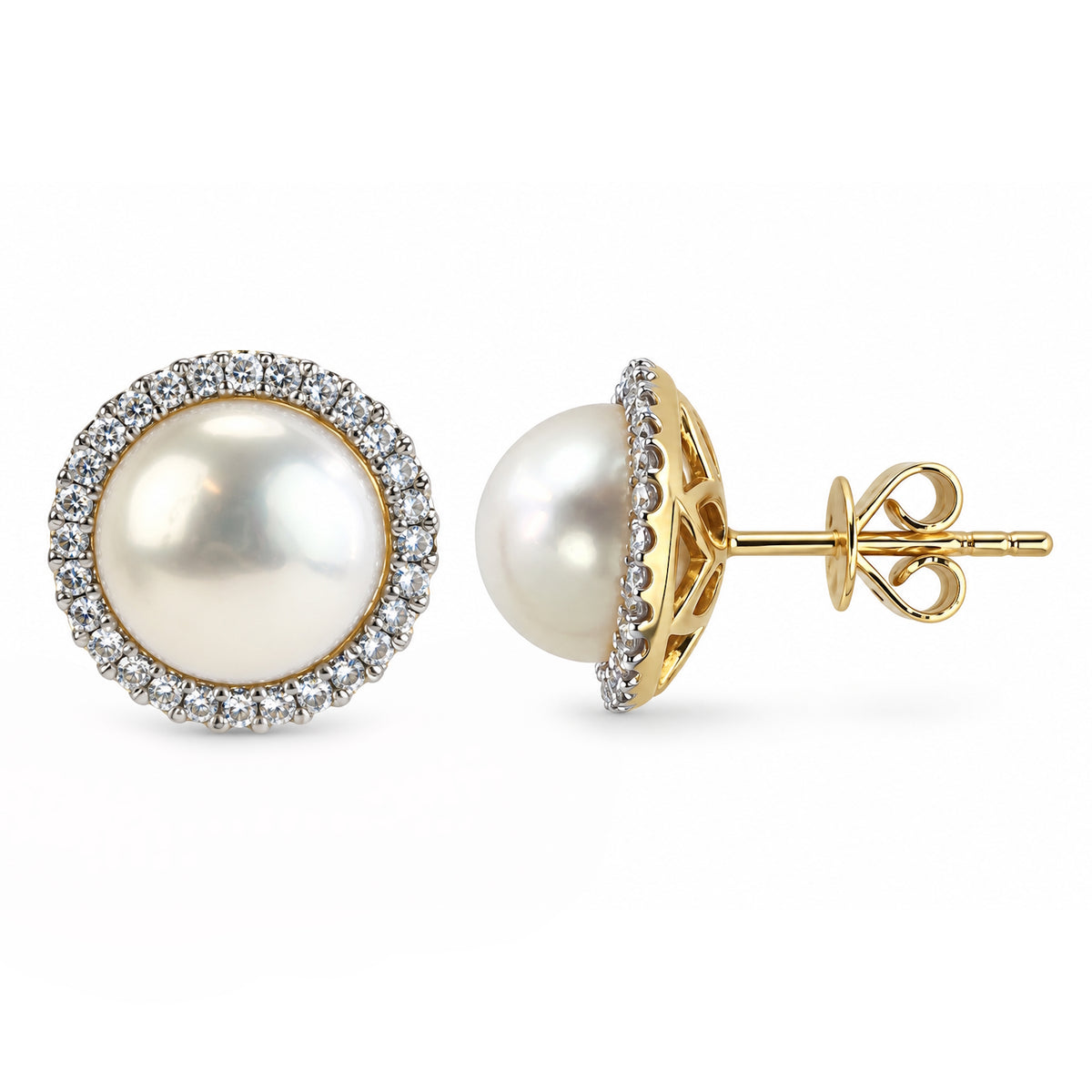 14k Round Pearl and Diamond Halo Stud or Leverback Earring