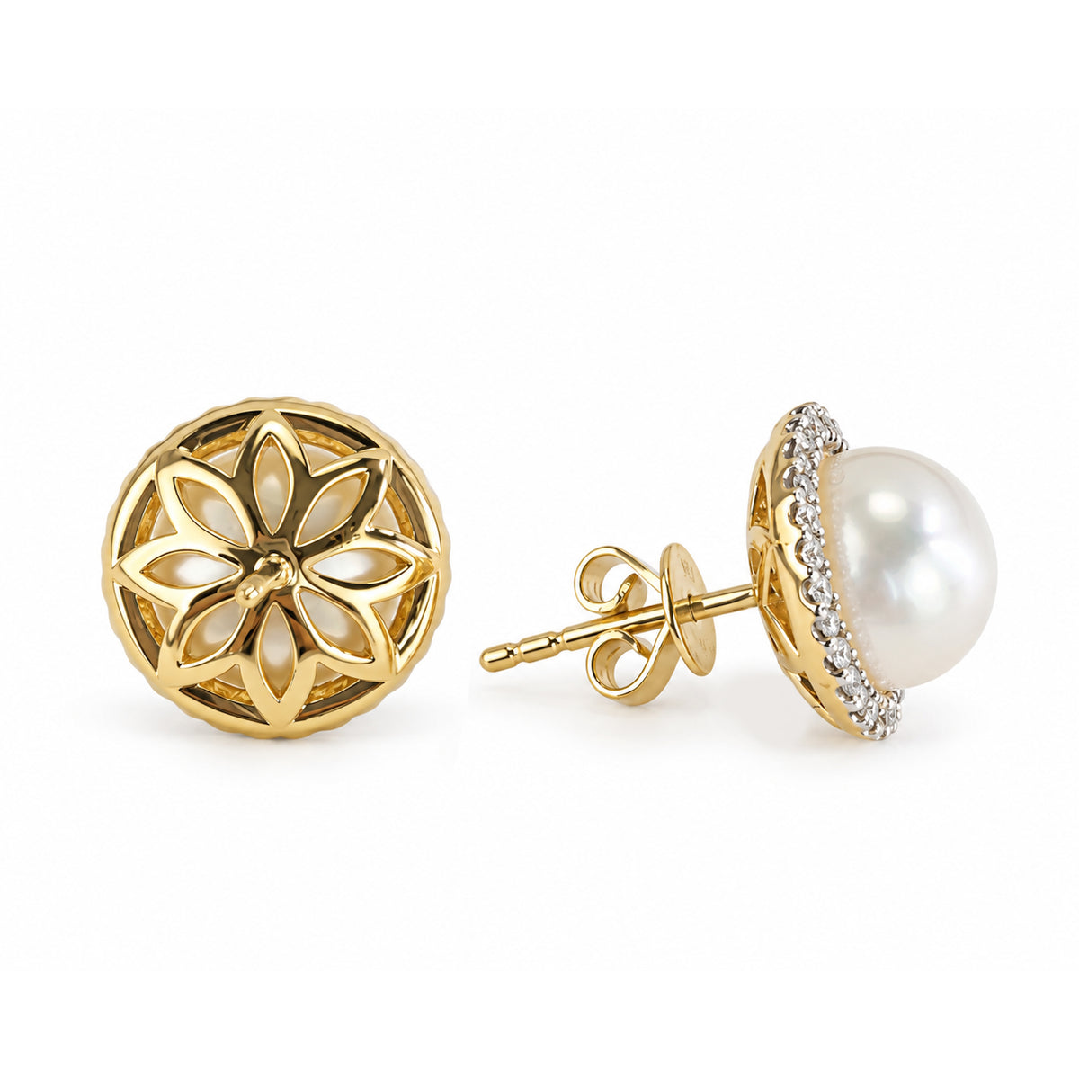 14k Round Pearl and Diamond Halo Stud or Leverback Earring