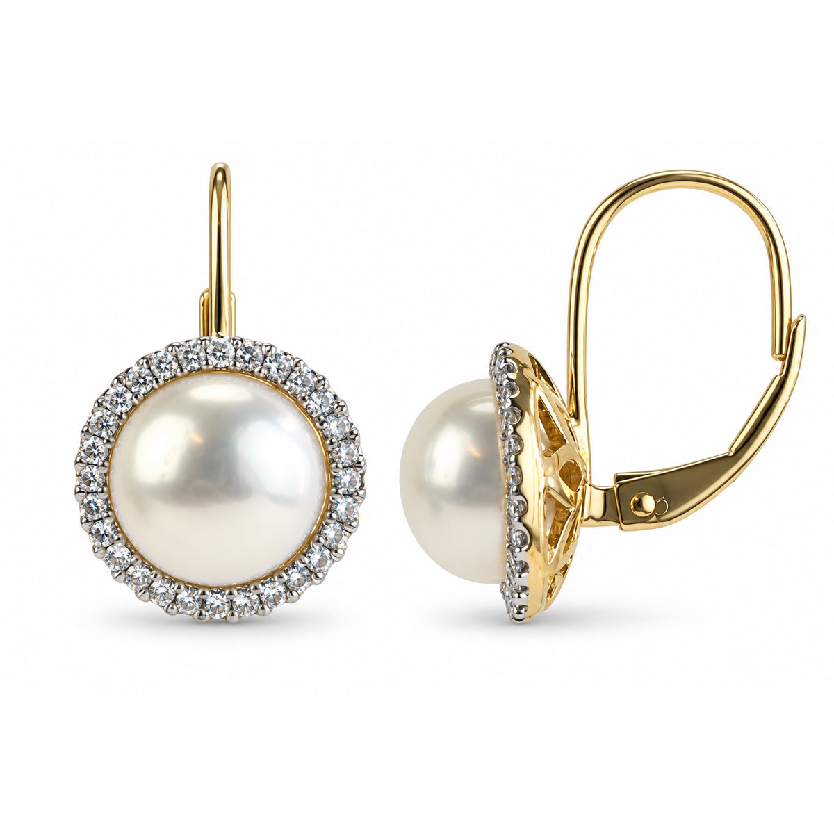 14k Round Pearl and Diamond Halo Stud or Leverback Earring