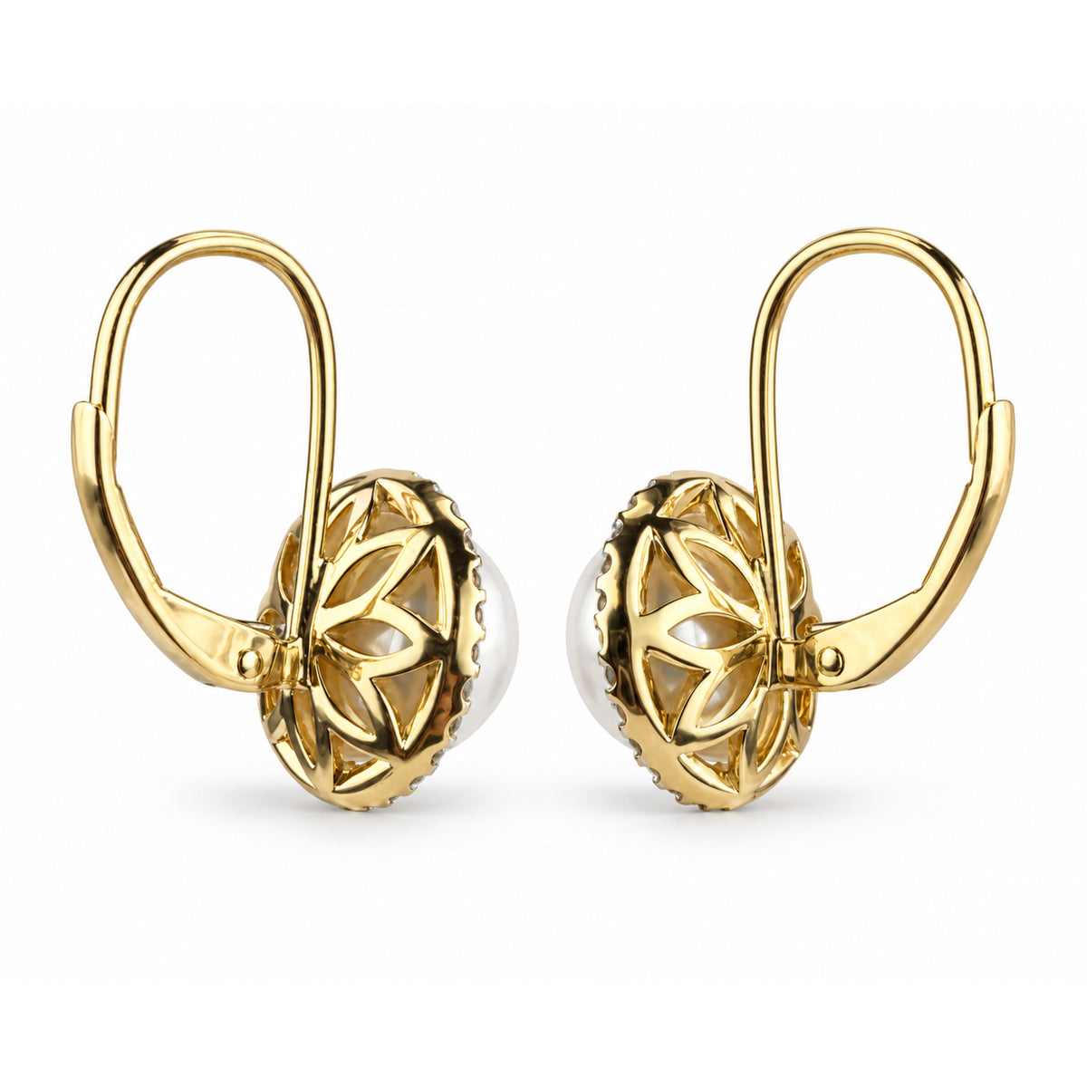 14k Round Pearl and Diamond Halo Stud or Leverback Earring