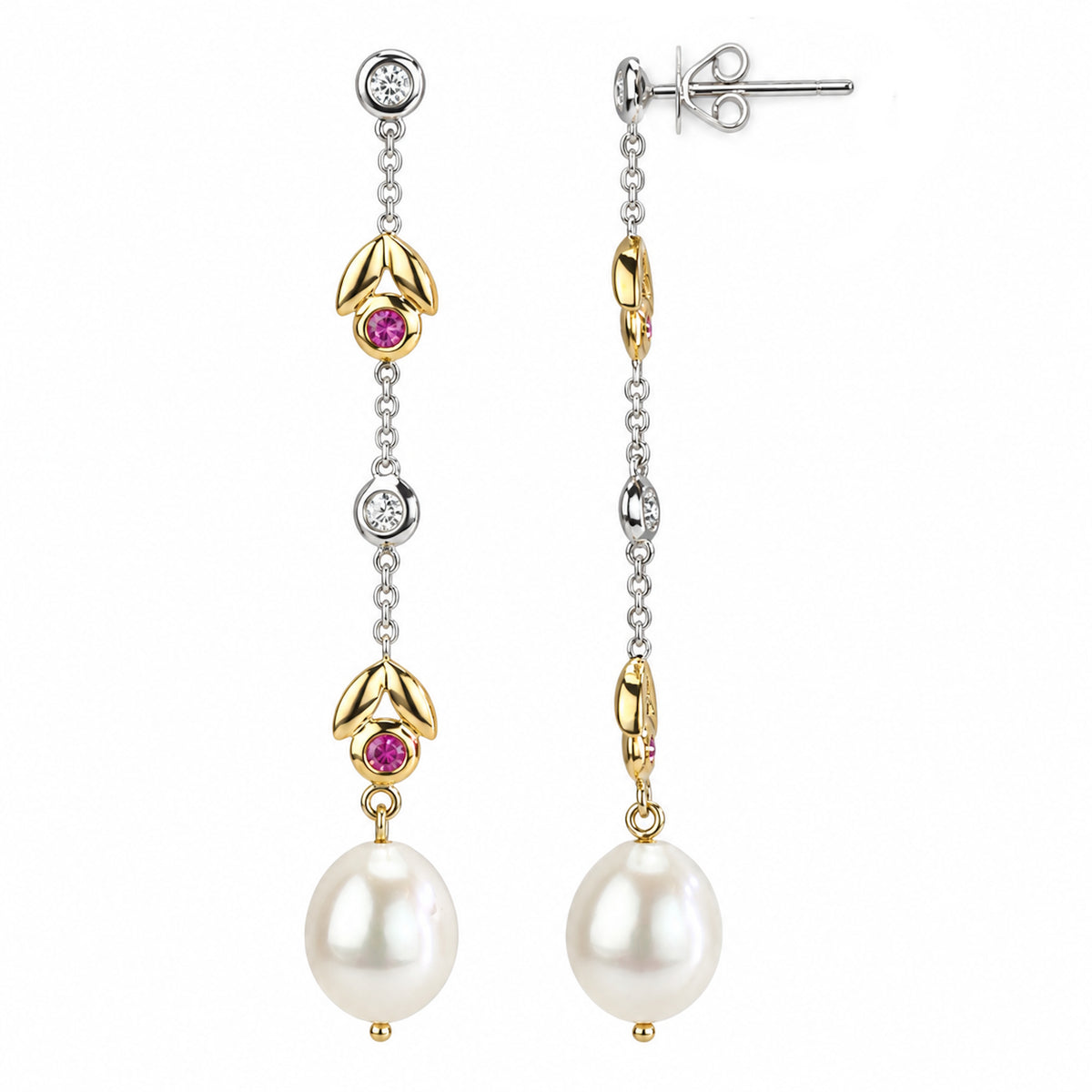 14k Y/W Fresh Water Pearl Pink Sapphire Diamond Drop Earring