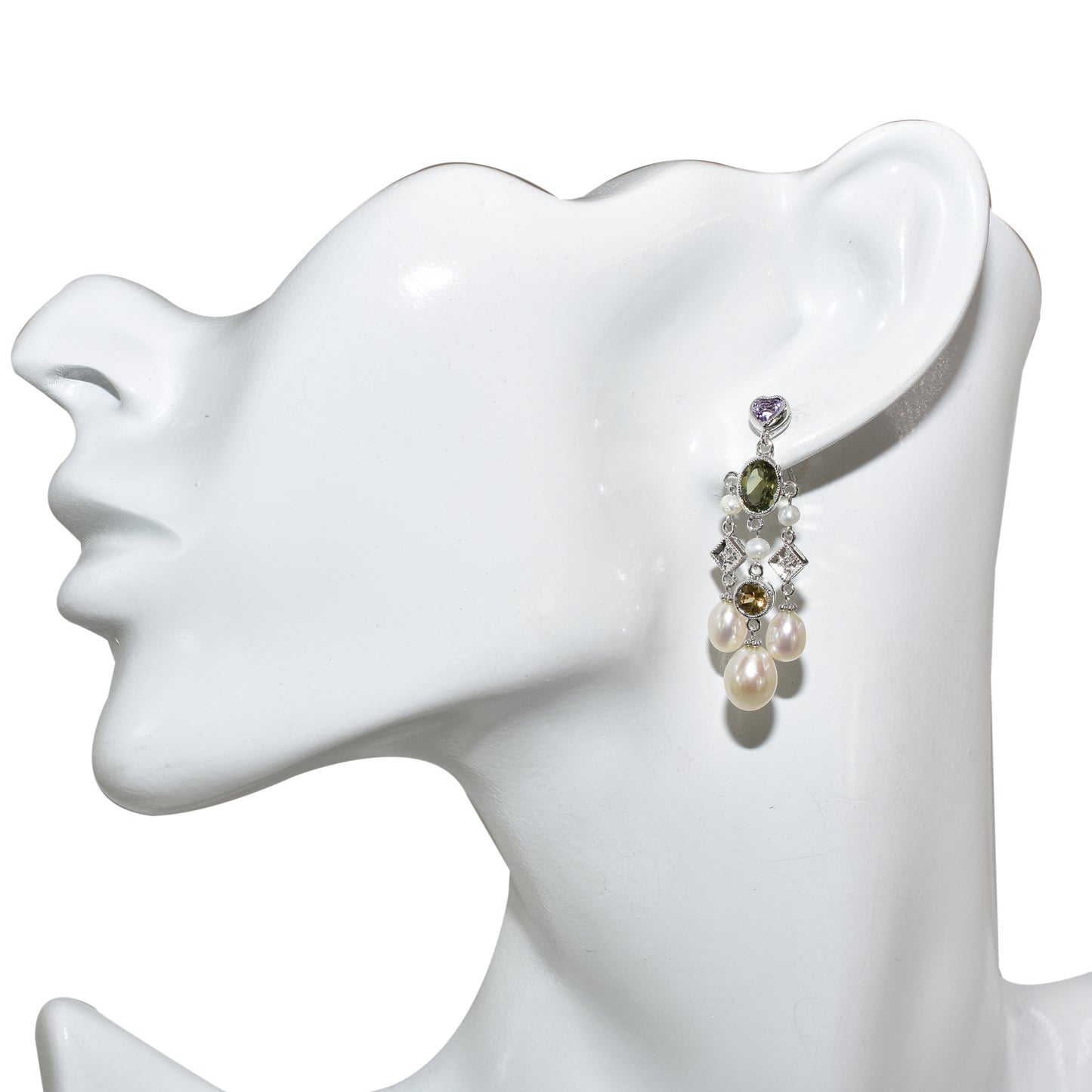14k White Gold Diamond Green Tourmaline Fresh Water Pearl Earring