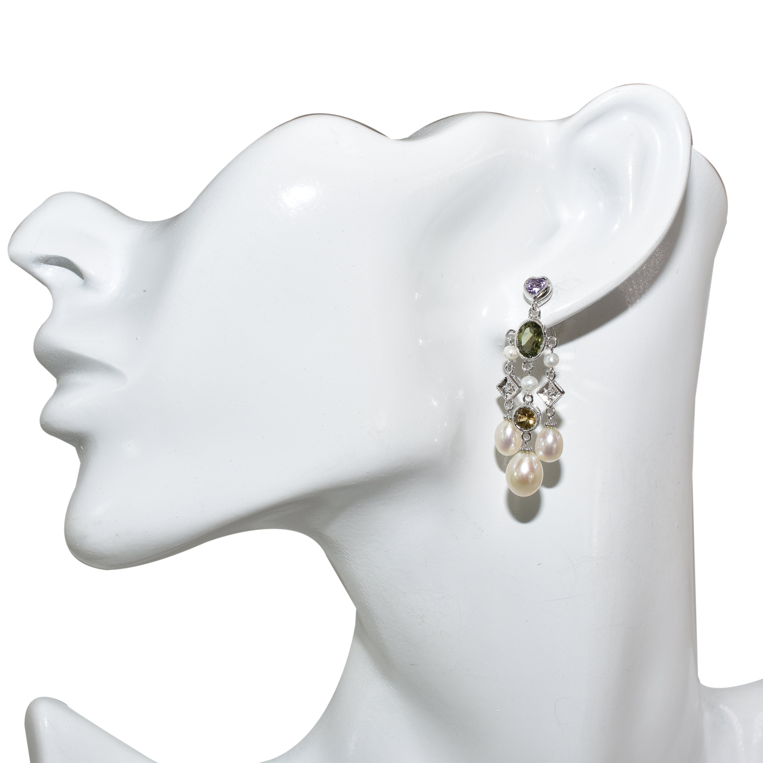 14k White Gold Diamond Green Tourmaline Fresh Water Pearl Earring