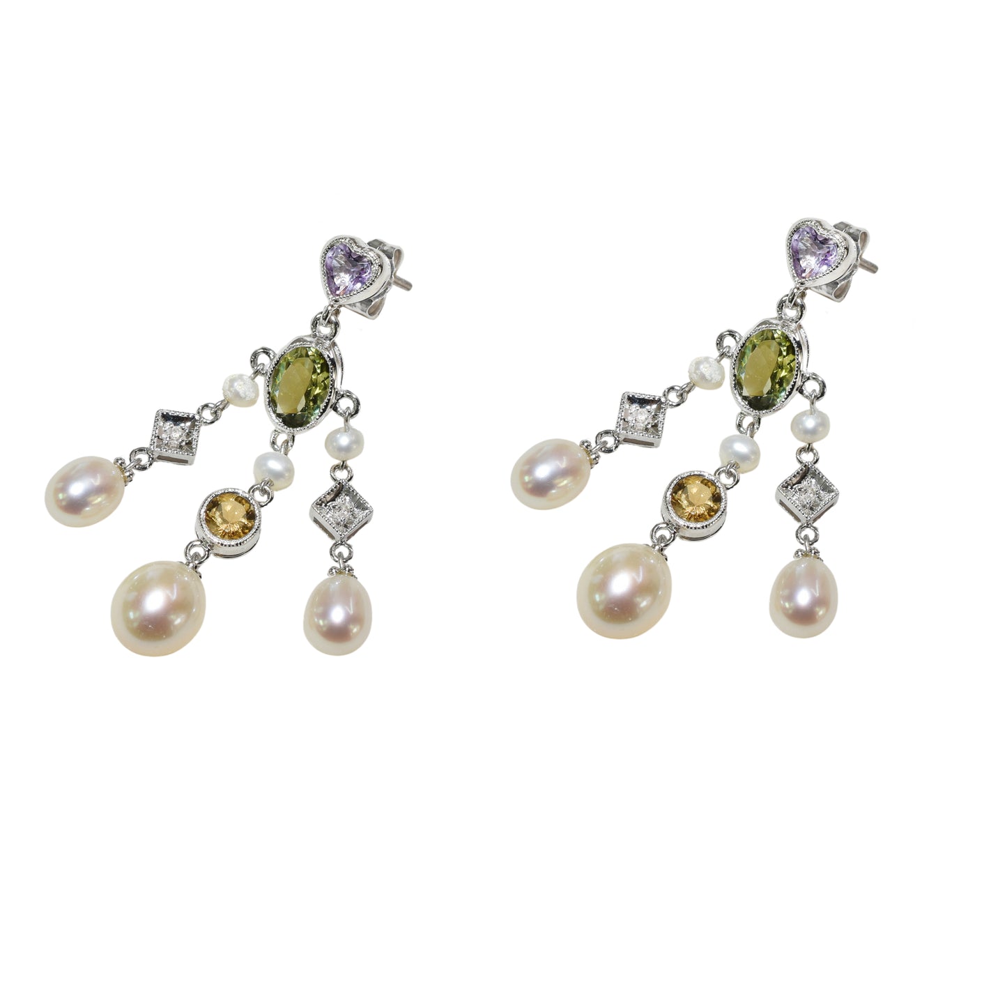 14k White Gold Diamond Green Tourmaline Fresh Water Pearl Earring