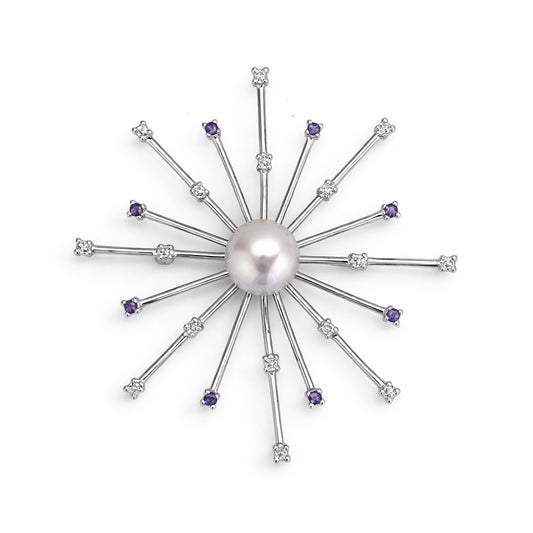 14k White Gold Freshwater Pearl Amethyst and Diamond Star Pin/Pendant
