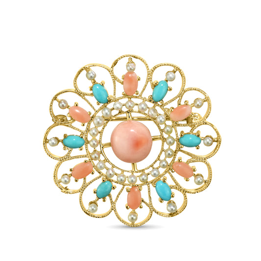 14k Natural Coral Turquoise Pearl Brooch Pin