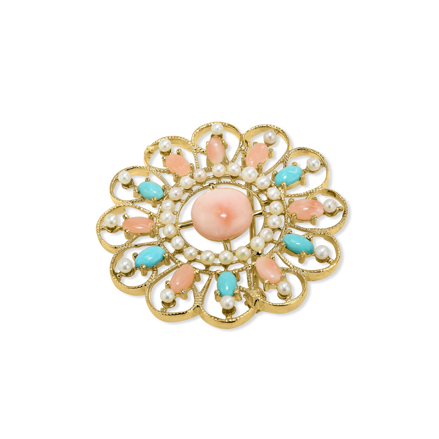14k Natural Coral Turquoise Pearl Brooch Pin