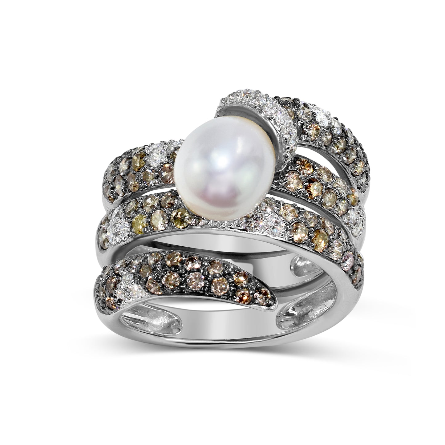 18k White Gold Oblong Freshwater Pearl, Citrine, Brown and White Diamond Snake Ring