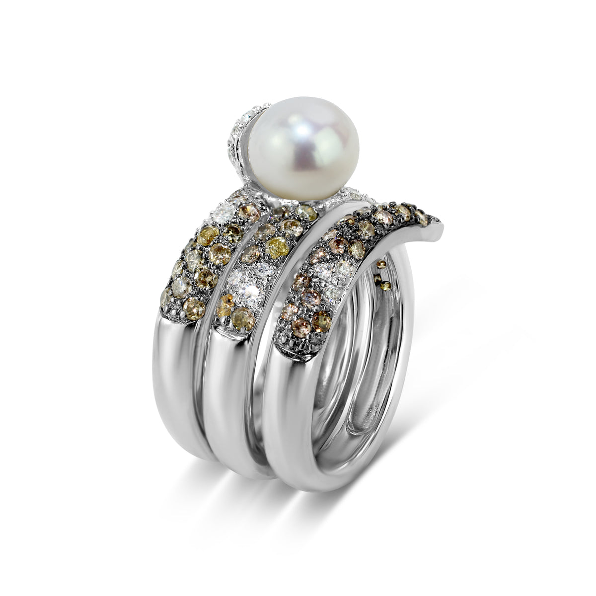 18kw Oblong Freshwater Pearl, Citrine, Brown & White Diamond Snake Ring
